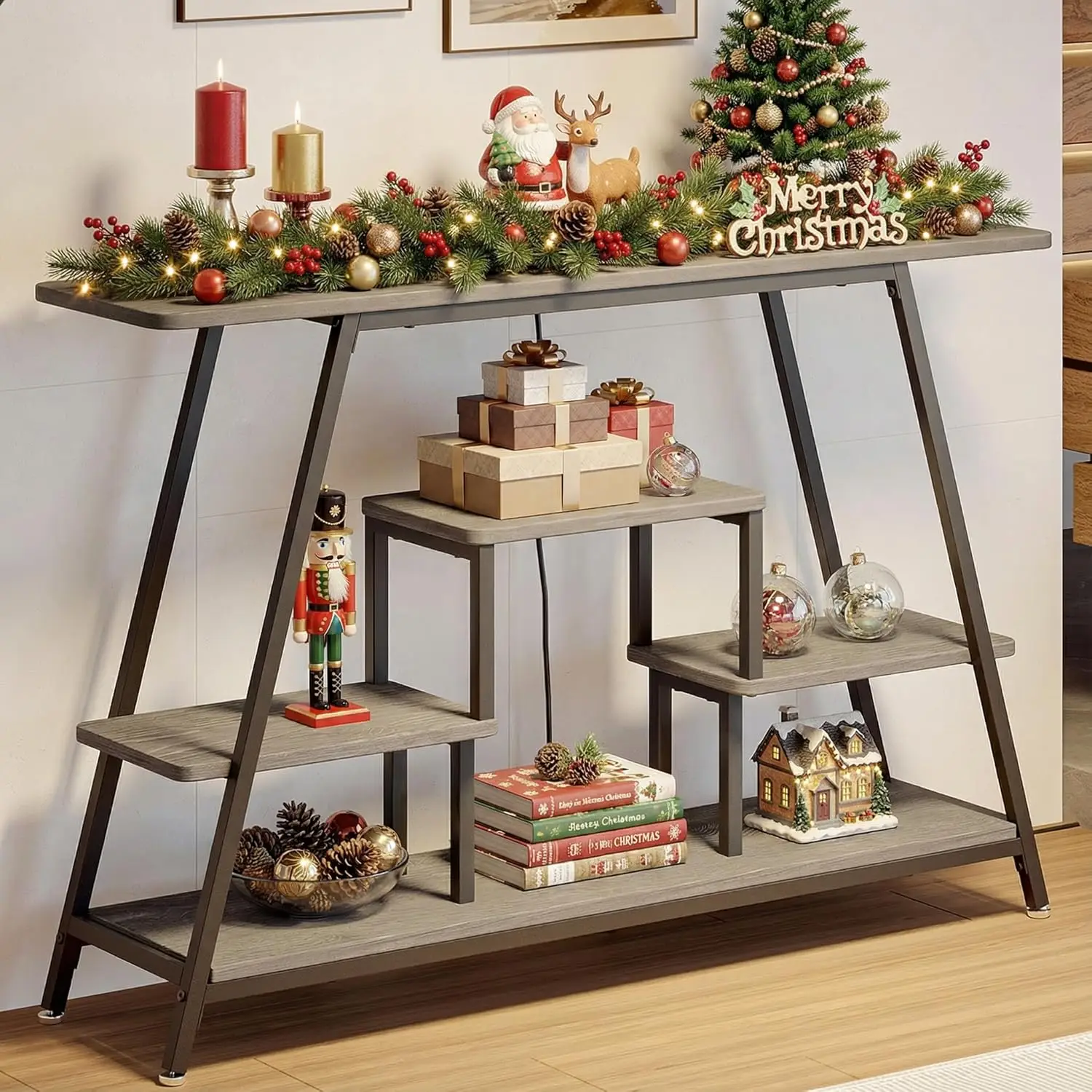 

47.2" Narrow Entryway Table with Power Outlets, Industrial 4-Tier Console Table with Storage, Small Sofa Table Behind The Couch