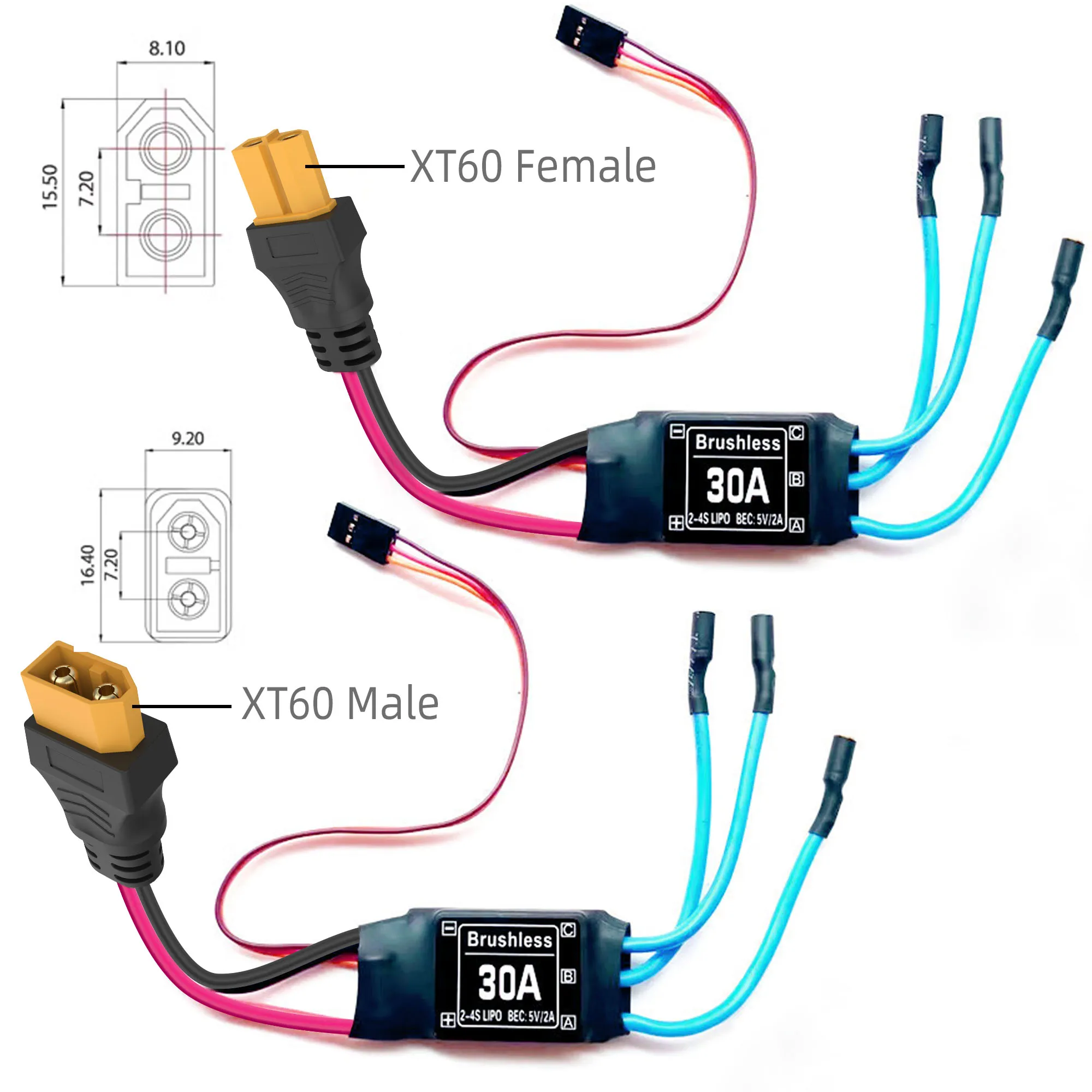 XT60 Plug Connector Female and male, with 12AWG Silicon Wire, for Balancing Cars, Drones, Toy Cars, Lithium Batteries and More