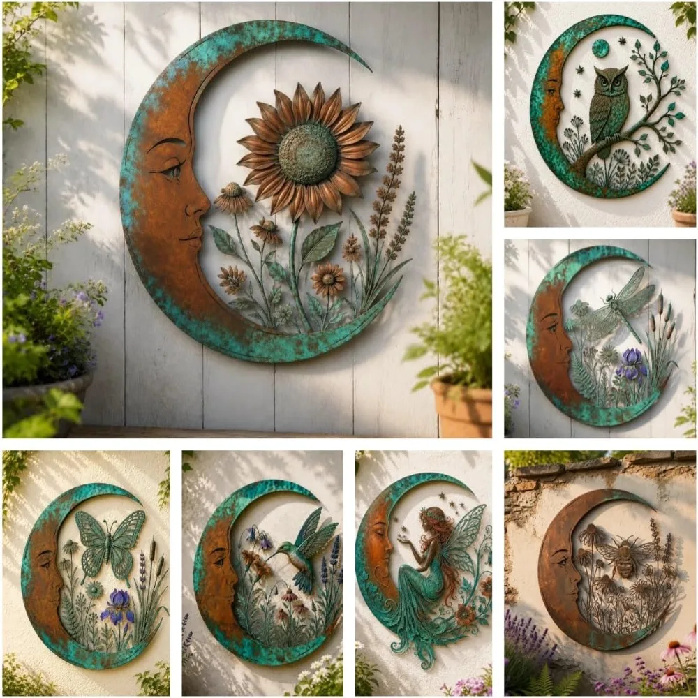 3D Moon Fairy Wall Decor Garden Decor Iron Dragonfly Bee Wall Art Floral Wildflower Design Hummingbird Outdoor Accent