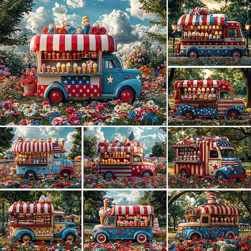 

LS Spring Photography Backdrops Ice Cream Truck Floral Decor Baby Shower Children Adult Portrait Photo Backgrounds Studio