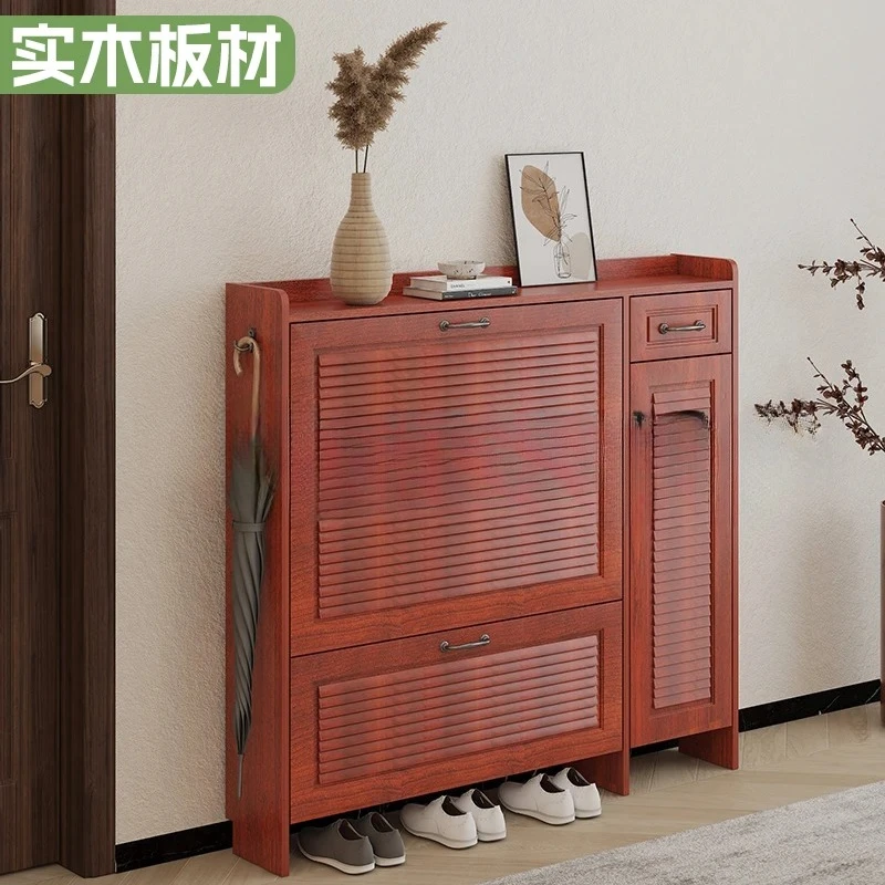 

RWJ Solid Wood Ultra-Thin Tilting Shoe Cabinet Large Capacity Rosewood Color Hallway Storage Simple Narrow Shoe Rack