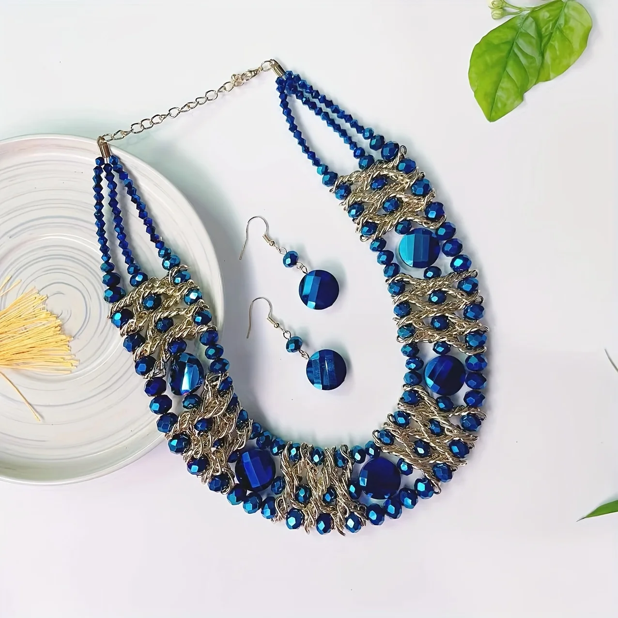 Bohemian Style Handcrafted 3-Row Blue Crystal Beaded Necklace and Earrings Set,  Versatile for Daily Wear and Gift-Giving