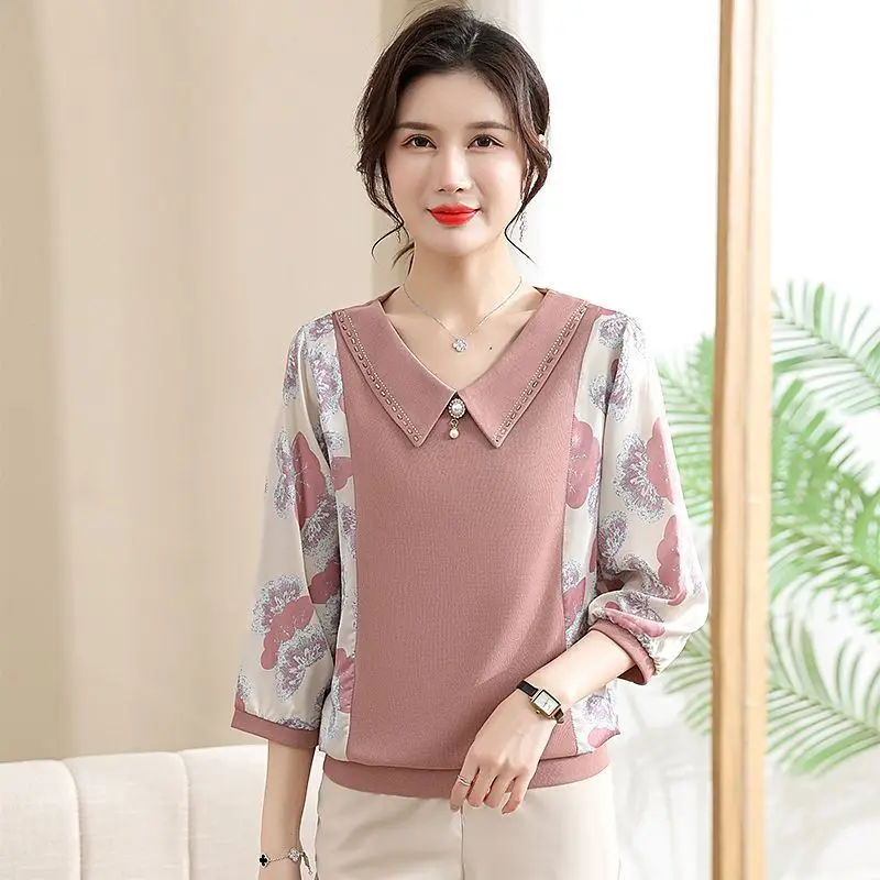 Small Shirt Middle-aged and Elderly Middle-aged Mother Summer Dress Western-style 50 Long Sleeved Women's Base Set New Top