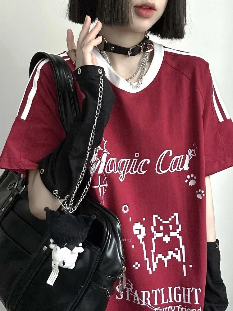 

Japanese Kawaii Letter Print Women‘s Tees Y2k Aesthetic Harajuku Loose All Match Tops Grunge Vintage Striped T-shirts Fashion