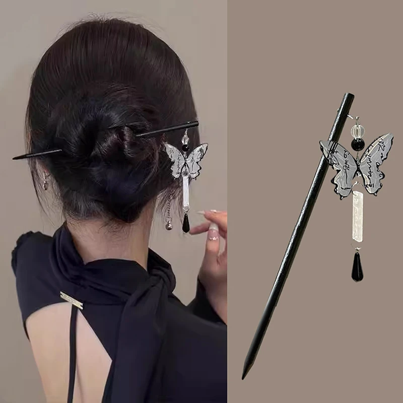 Retro Butterfly Hair Clips Chinese Style Calligraphy Butterfly Tassel Hairpin Women Wood Hair Sticks Chopstick Shaped Hairpin