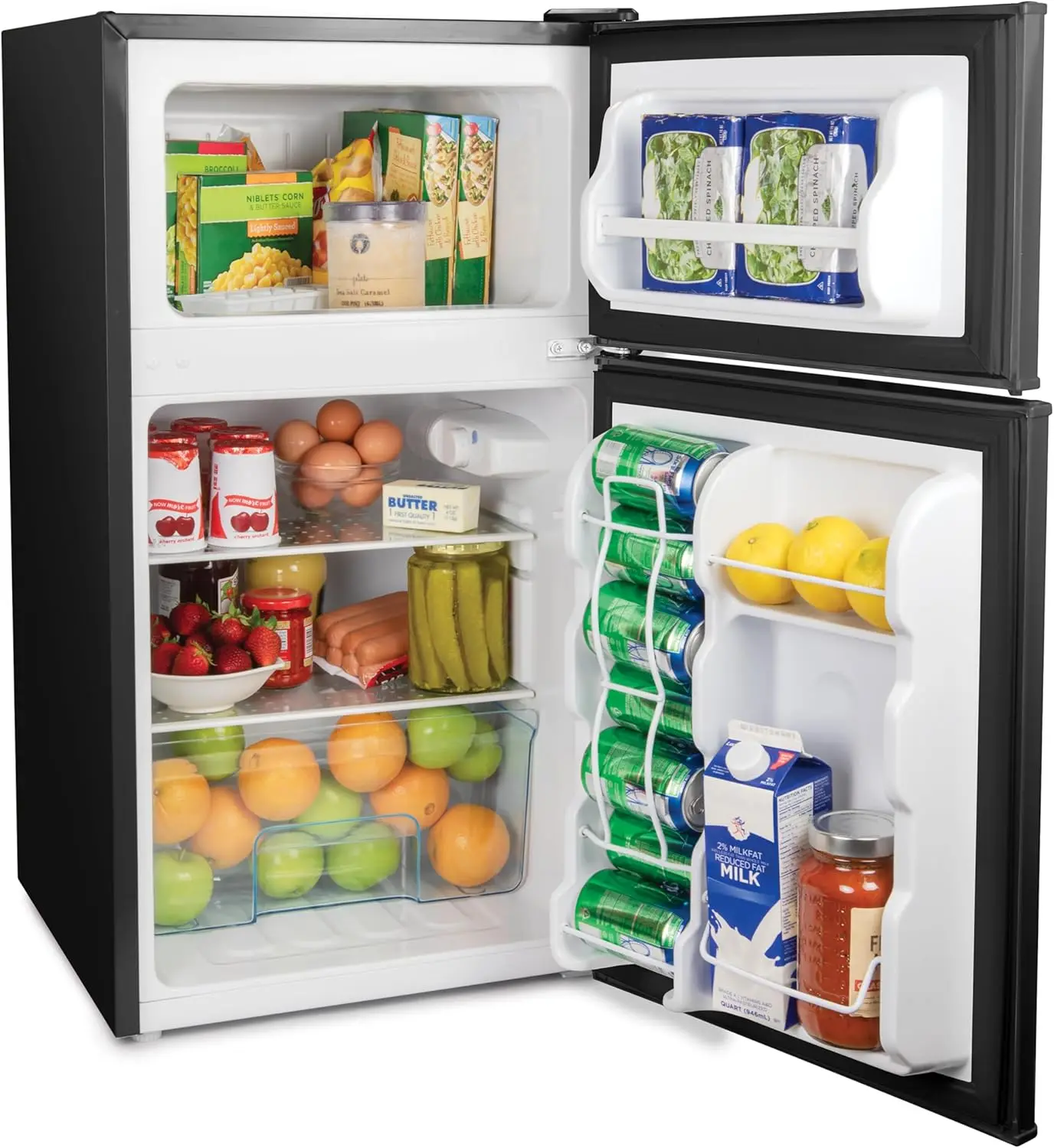 3.2   Double Door Compact Refrigerator with Freezer - Slide Out Glass Shelf, Perfect for Homes, Offices, Dorms - Blac