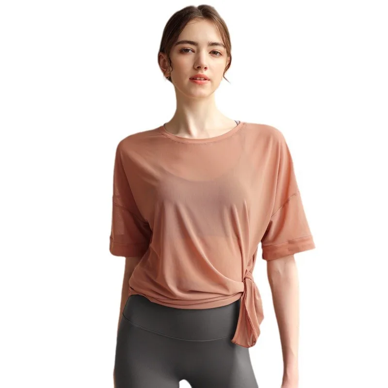 تي شيرت بأكمام قصيرة للنساء ، ملابس يوجا ، رقبة مستديرة ، فضفاضة ، جيدة التهوية ، بلون واحد ، منقسمة ، راحة ، رياضة ، لياقة بدنية ، صيف ،