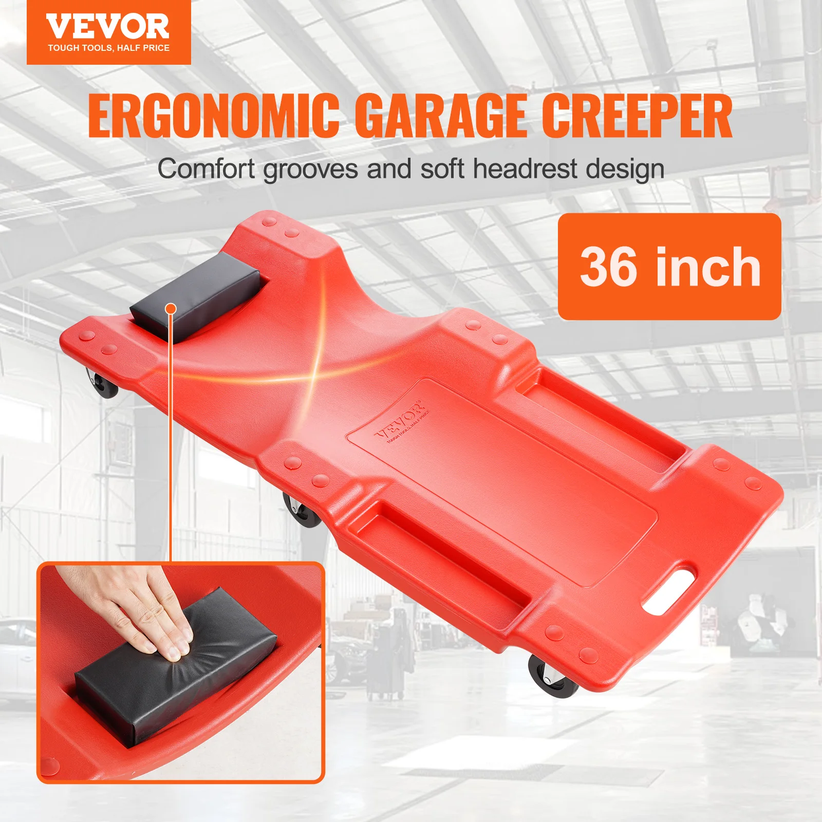 VEVOR 36-Inch, 350 lbs Capacity Automotive Rolling Garage Creeper with Dual Tool Trays 6 Wheels, for Garage Shop Auto Repair