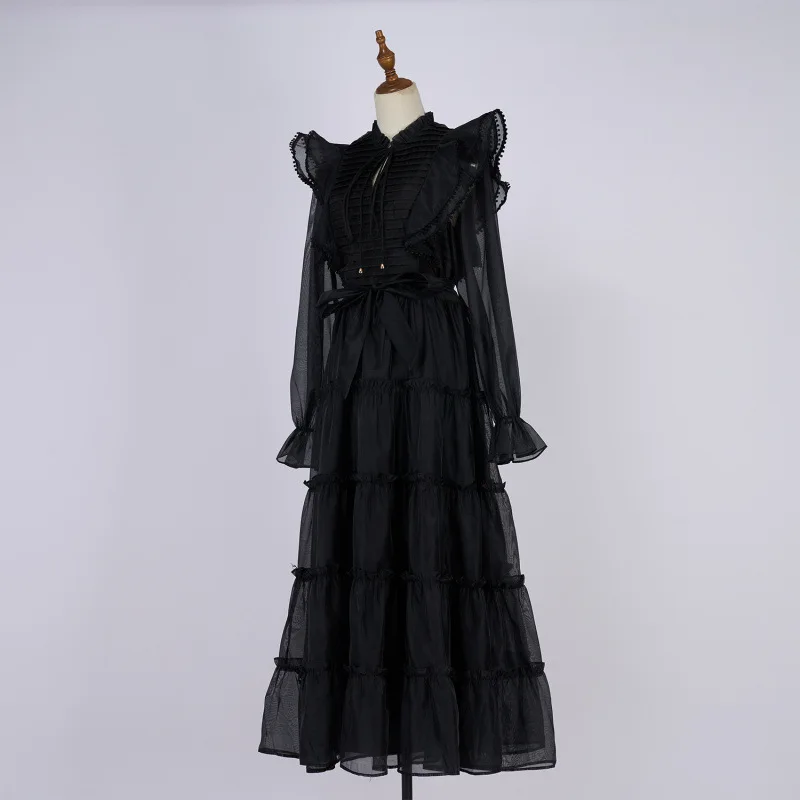 Vestido Longo E com Gola de Babados e Barra em Camadas em 5 Cores Moda Primavera 2025 Gola Alta Manga Longa Outro Mate...