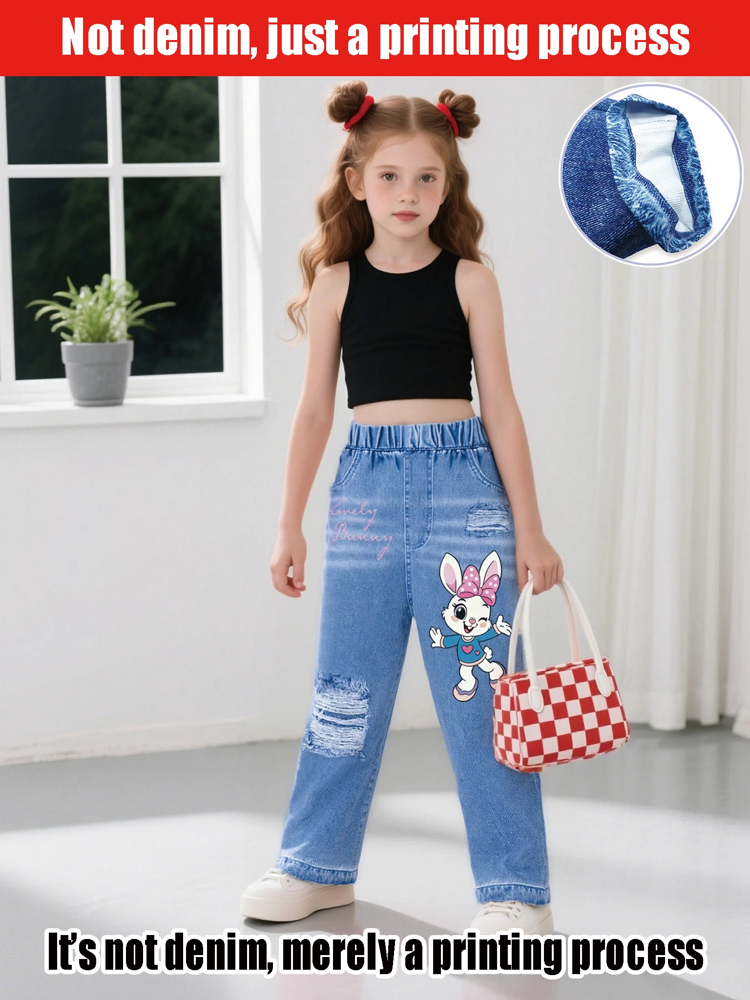 

Girls' Cartoon Rabbit Print Ripped Faux Craft Jeans Kids' Printed Torn Faux Jeans 2026 Trendy Kids' Denim Pants