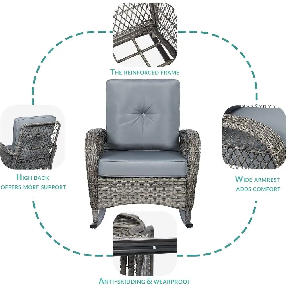 3 Pieces Outdoor Wicker Rocking Chair Set, Rattan Patio Rocker Chairs Set with Cushions and Glass-Top Coee Table, Contion Bistro
