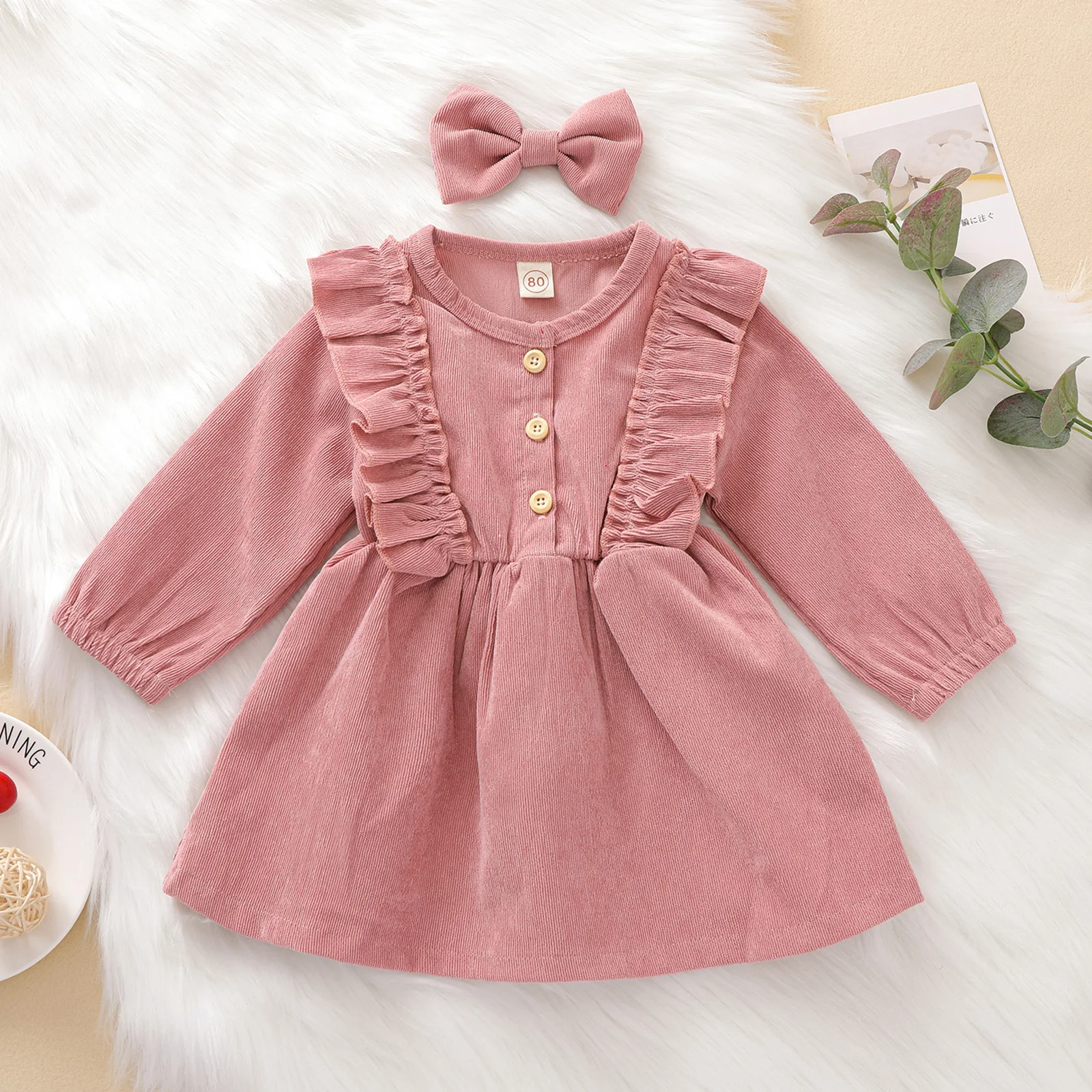 0-5Y Kids Girls Casual Corduroy Dress Baby Fall Winter Clothing Long Sleeve Ruffle A-line Princess Dress Headband Outfits