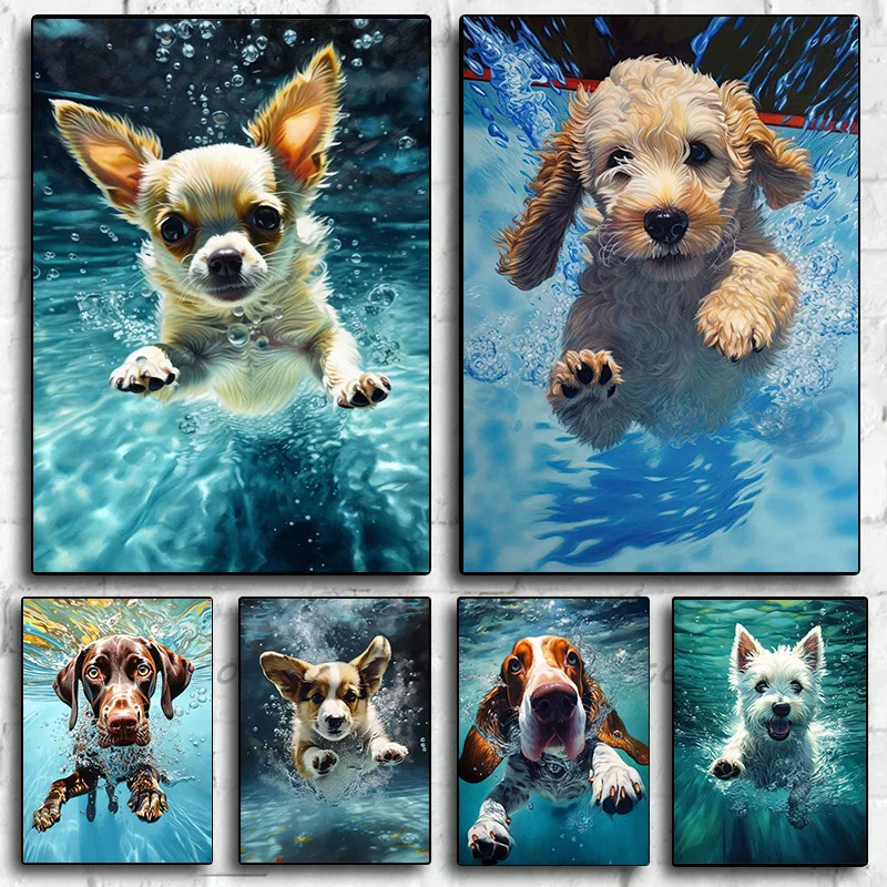 Basset Hound Boston Terrier Puppy Chihuahua Dog Pool Dive Poster Print Wall Art Pictures Canvas  Living Room Home Decor