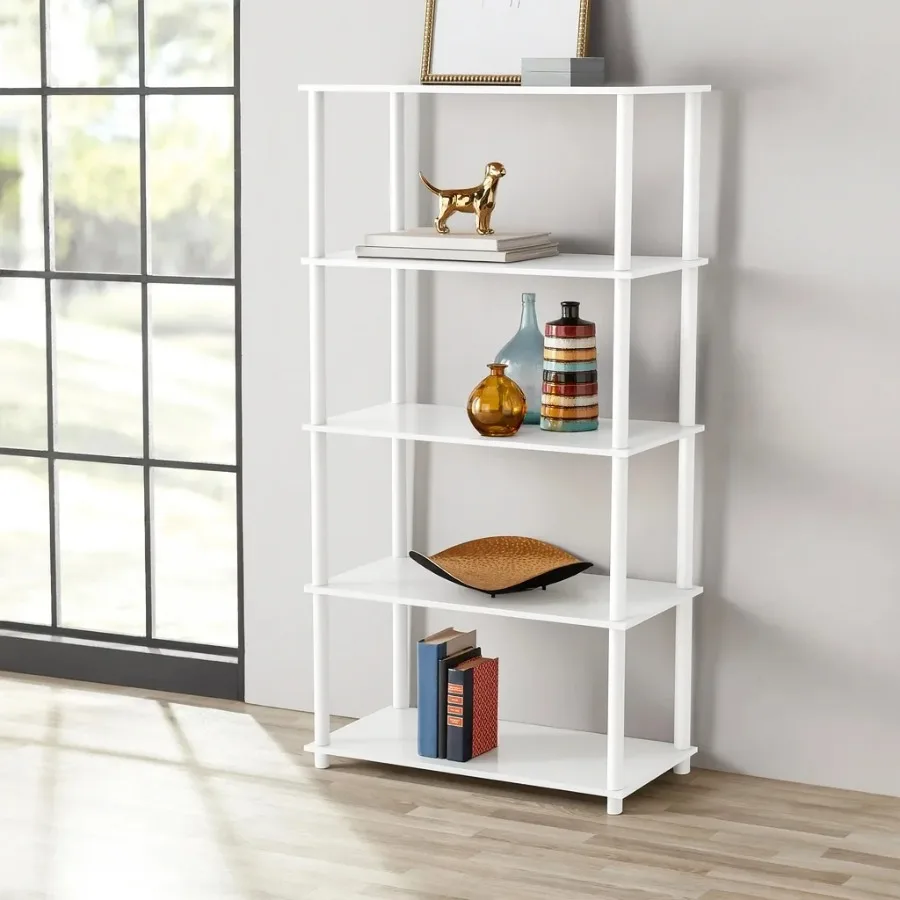 Mainstays No‑Tools 5‑Shelf White Bookcase Freestanding Open Storage Display Shelf for Living Room Bedroom Home Office