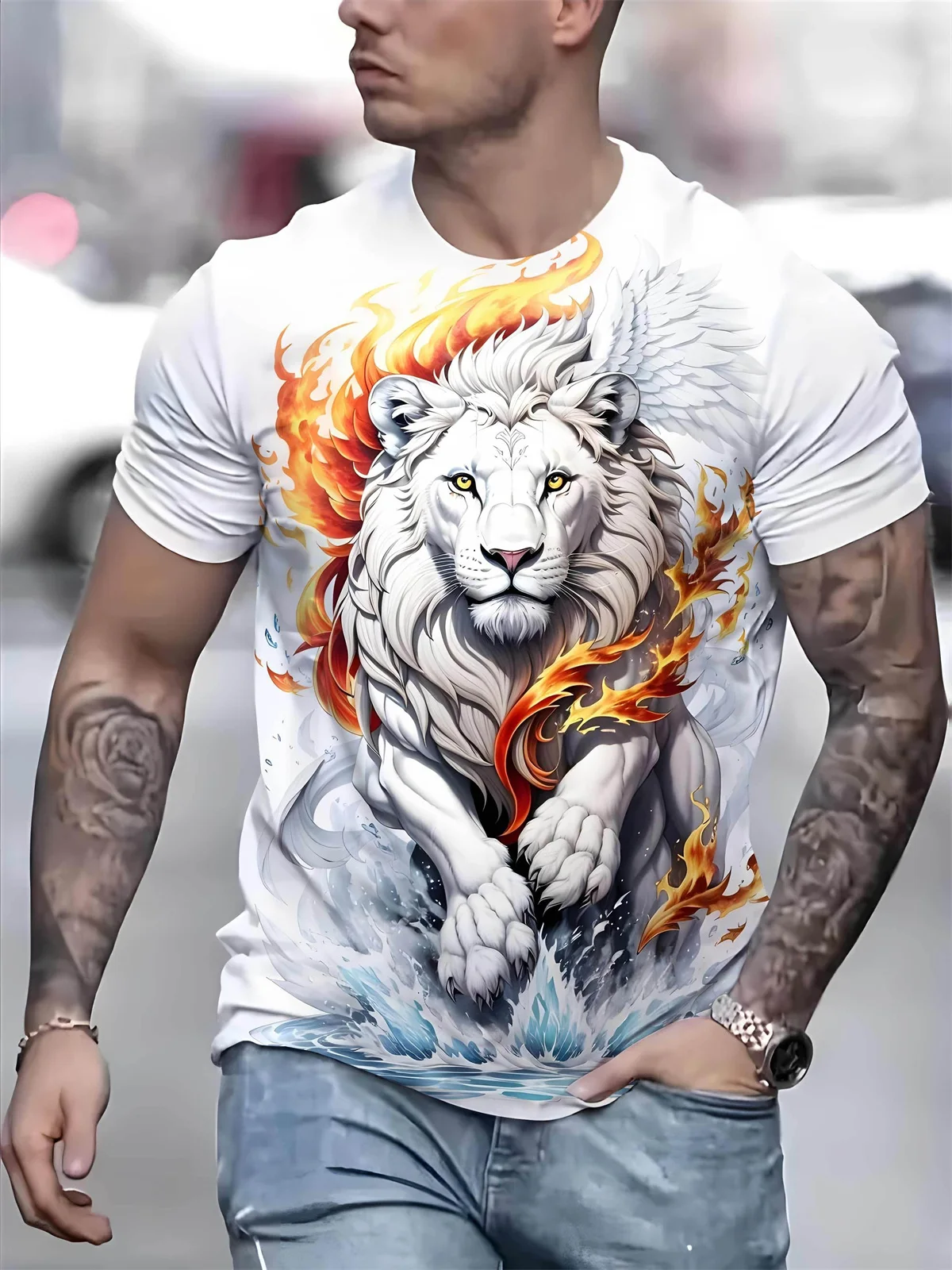 Men\'s T-Shirts Fashion Lion Graphic T Shirts Casual Crew Neck Oversize Luxury T Shirt Men Short Sleeve New in Tops and T-Shirts