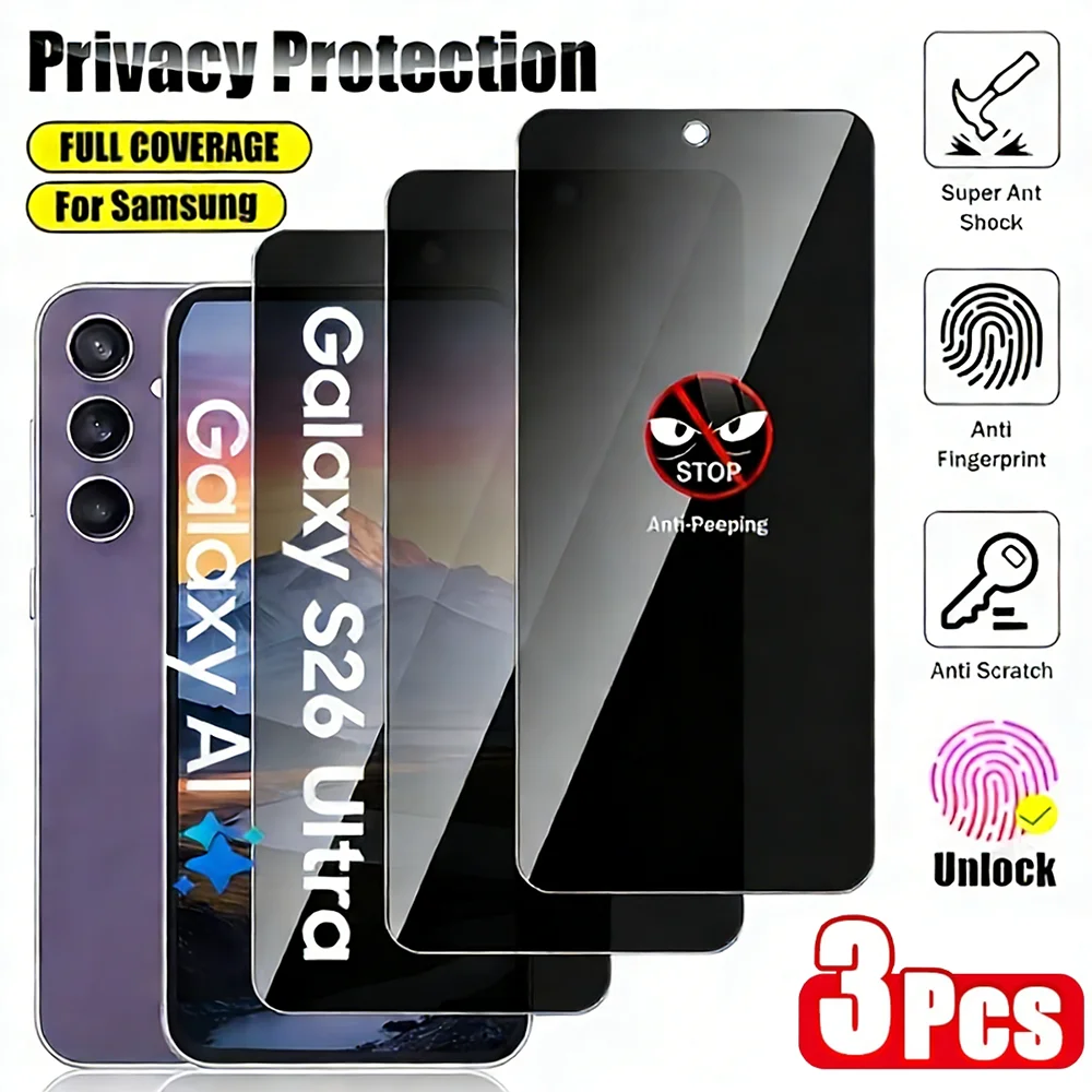 

NNBILI 3pcs Full Coverage Privacy Tempered Glass, Suitable for Samsung Galaxy S26 S25 S24 Ultra S23 22 Plus Fingerprint Unlock