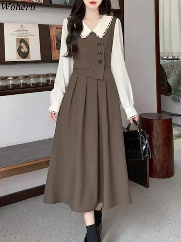 Woherb Retro Fake Two-piece White Dress Long Sleeved Stitching Pleated es 2024 Autumn Elegant Mid Length Brown  Female