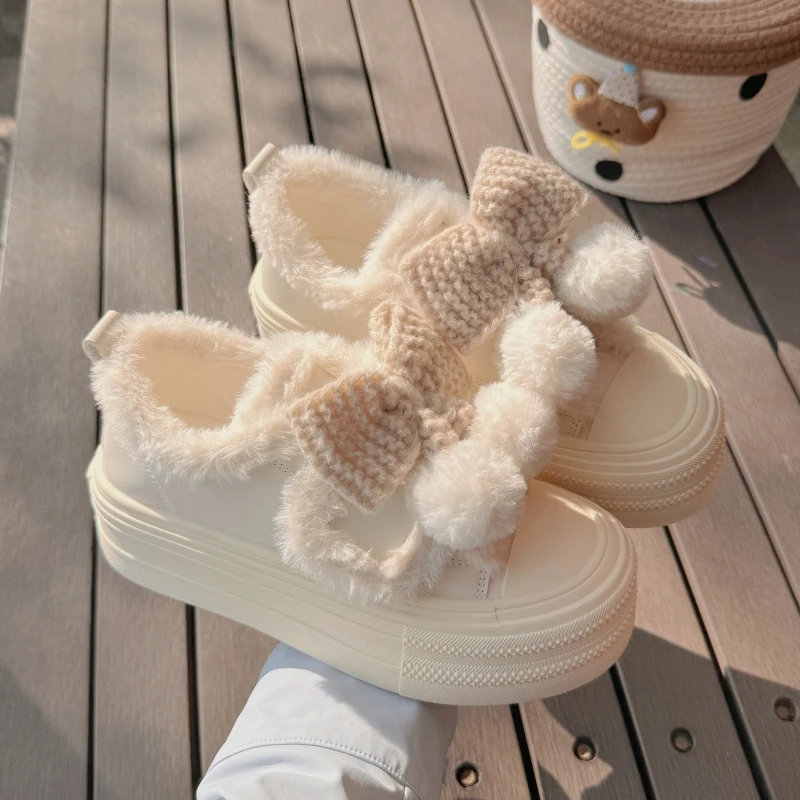 

Winter Fleece Women Cotton Shoes Thick Sole Non-slip Snow Boots Fashion Butterfly-knot Ankle Boots Outdoor Warm Platform Bootie