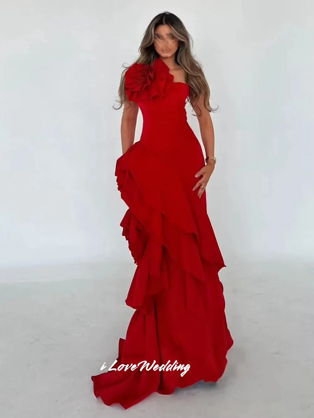 Red One Shoulder Evening Dresses 2025 Satin Flower Mermaid Tiered Prom Dress Pleated Floor-Length Wedding Party Dress Customized
