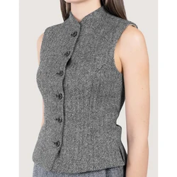 Women's Herringbone Tweed Suit Vest Stand Collar Casual Waistcoat Single Breasted Vests for Ladies 2000s Tops Jackets