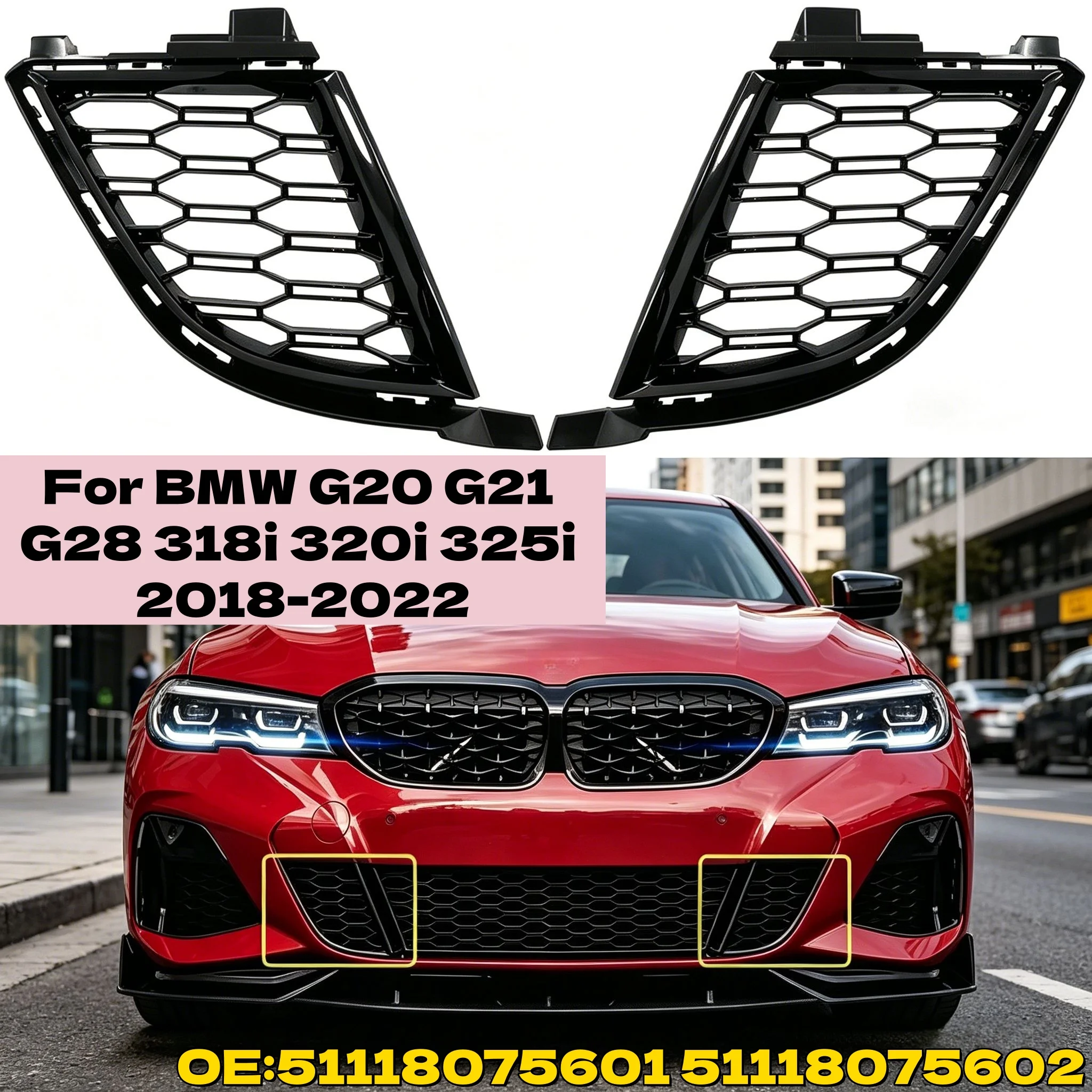 Für G20 BMW 330e 330eX 330i 330iX M340i M340iX 2019 2020 2021 2022 Vordere Stoßstange Unterer Grill Abdeckung 51118075601 51118075602