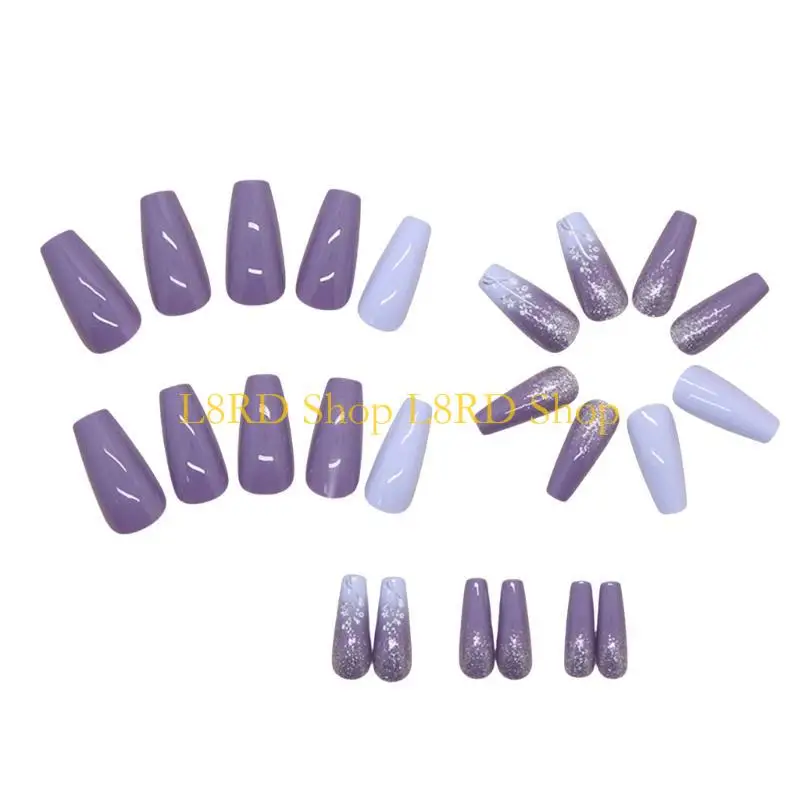 L8rd 24pcs متوسطة الضغط على التدرجات الأظافر الأرجواني المربع الأرجواني مع أظافر كاذبة مع تصاميم الزهور على الأظافر للنساء