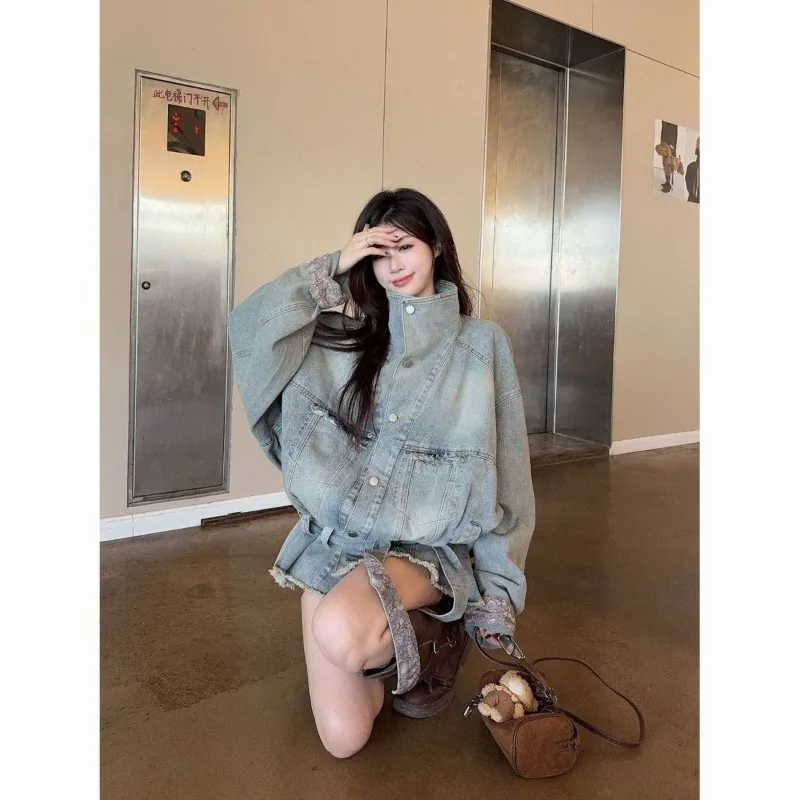 Maillard Blue Retro Washed Straps Chimney Collar Denim Jacket Women's2026  Spring and Autumn Versatile Loose Tooling Jacket Top