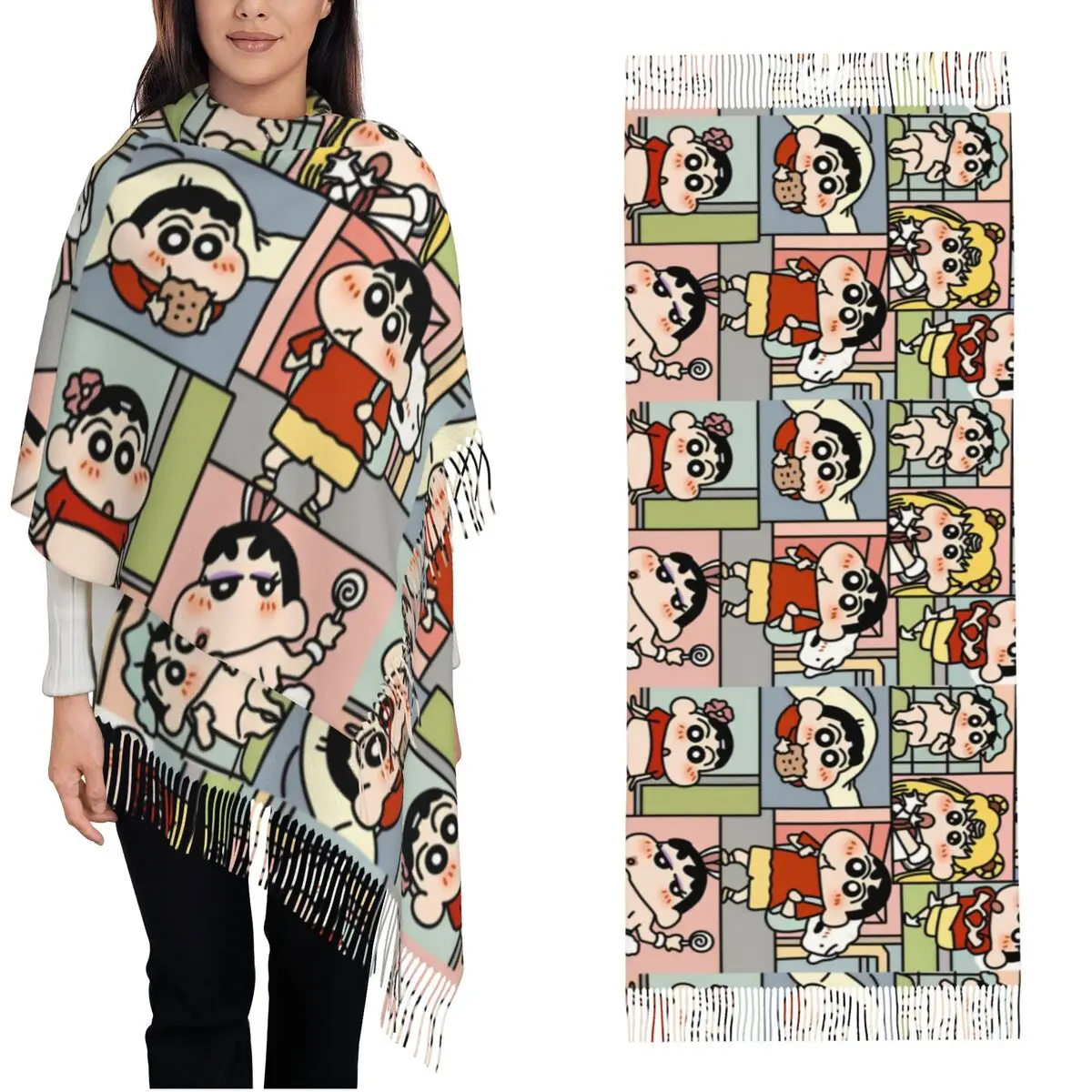 Crayon Shin-chan Cosplay Collage Scarf for Women Winter Fall Pashmina Shawls and Wrap Japan Anime Long Large Shawl Scarf Ladies