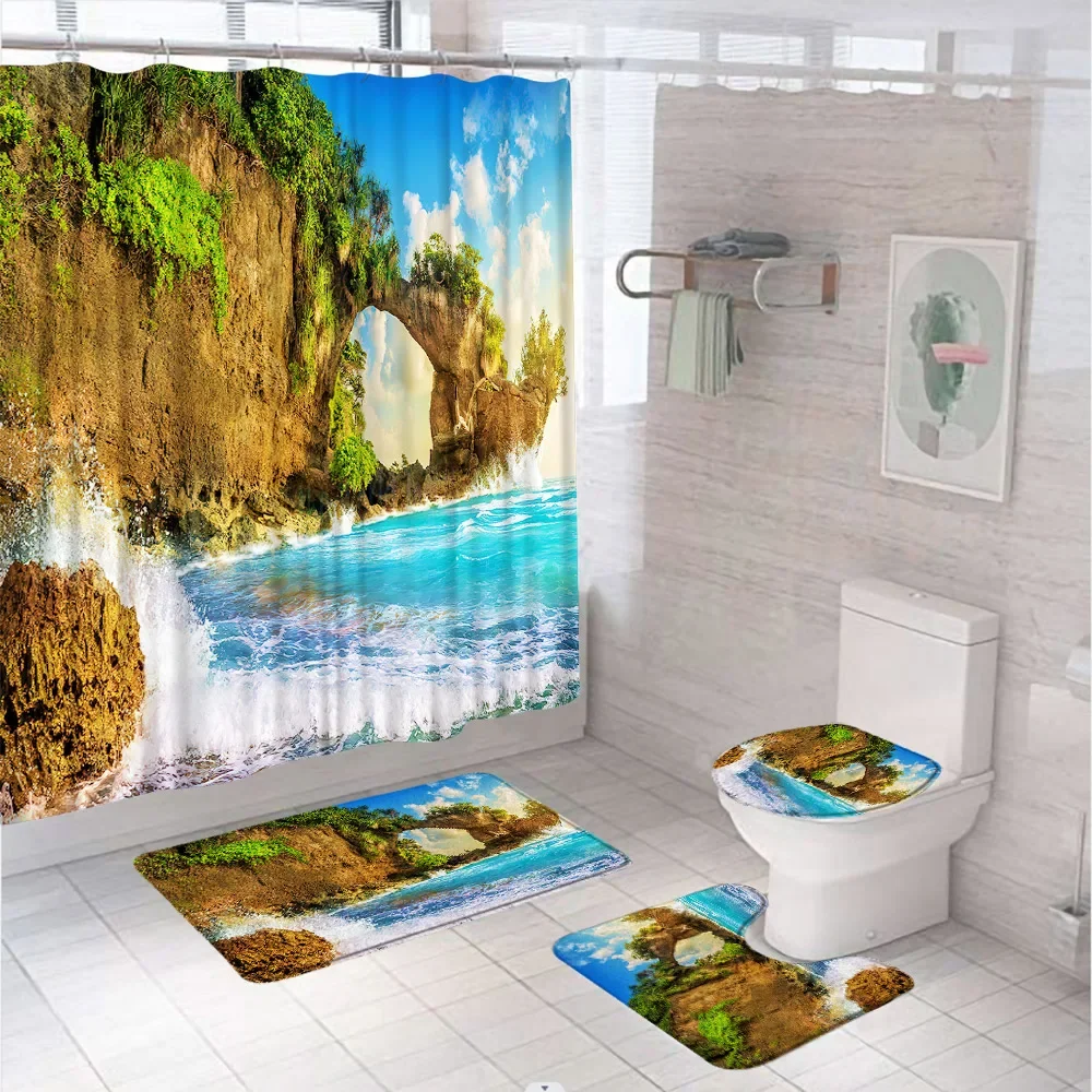 Ocean Beach Coastal Shower Curtain Set Blue Sea Sky Waves Seaside Natural Scenery Bathroom Screen With Rug Bath Mat Toilet Cover