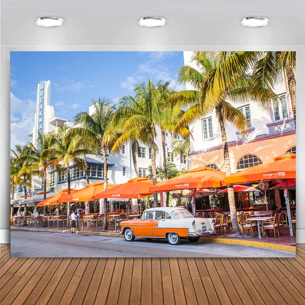 Miami Beach Florida City landscape landmark USA Havana 1980s Neon Night Birthday Party Decor Backdrop Banner Trip Background