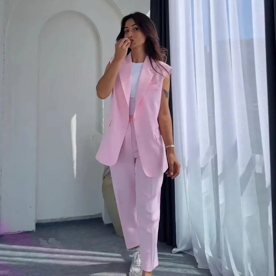 

2025 New Sleeveless Blazer Jacket Straight Leg Pants Two Piece Set Women Pink Sky Blue Fashion Casual Temperament Suit