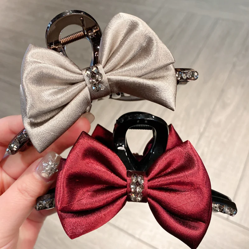 

Korean Version New Water Diamond Satin Bow Hair Clip Back Head Large Size Hair Claws Clips Vintage Daily Shark Clip Accessories