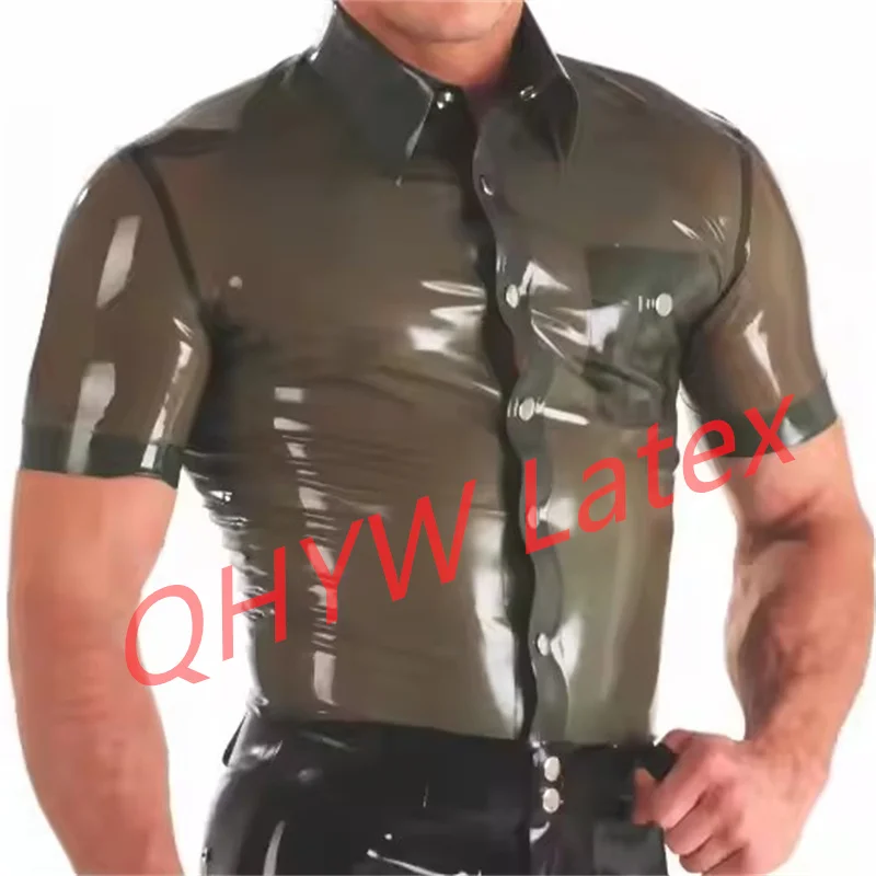 Sexy Latex-Shirts mit transparenten schwarzen Verzierungen vorne, kurze Ärmel, Gummi-Oberteil, Kleidung, Cosplay-Kostüme, handgefertigt