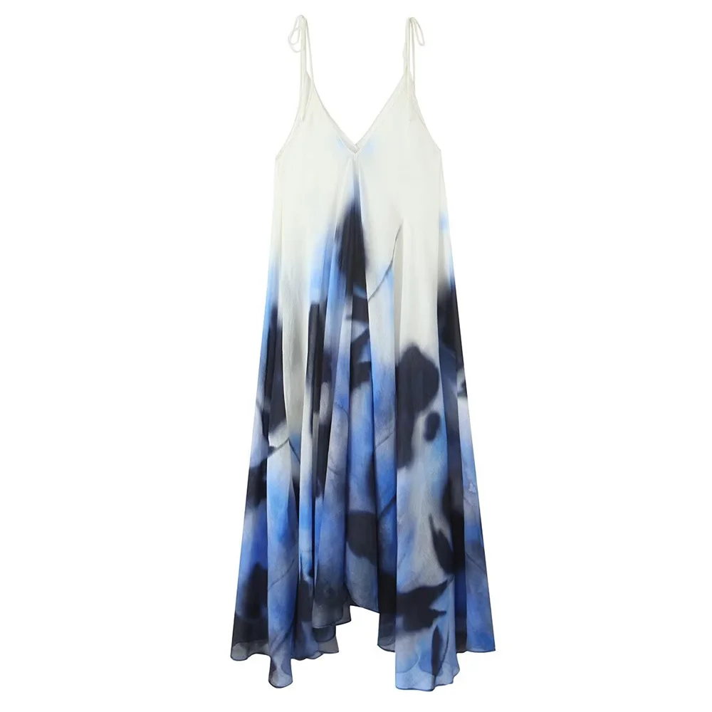 

PB&ZA 2025 Women's Spaghetti - Strap V - Neck Asymmetric Tie - Dye Maxi Dress for a Bohemian and Stylish Look