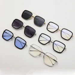 2023 Square Men Edith Sunglasses Vintage Tony Stark Silver Metal Frame Blue Lens Glasses Fashion Women Steampunk Eyewear