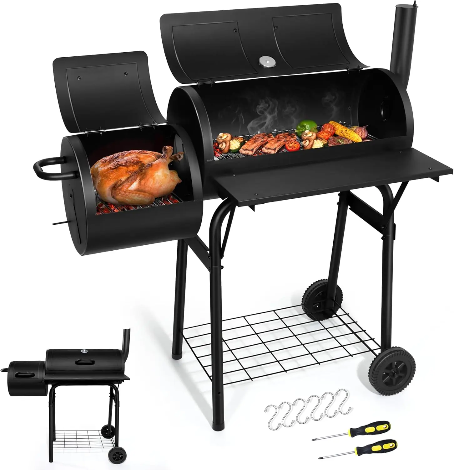 

Joyfair Charcoal Grill with Offset Smoker, Camping Barbecue Grill with Side Fire Box for Outdoor BBQ Smoking/Backyard Party Gril