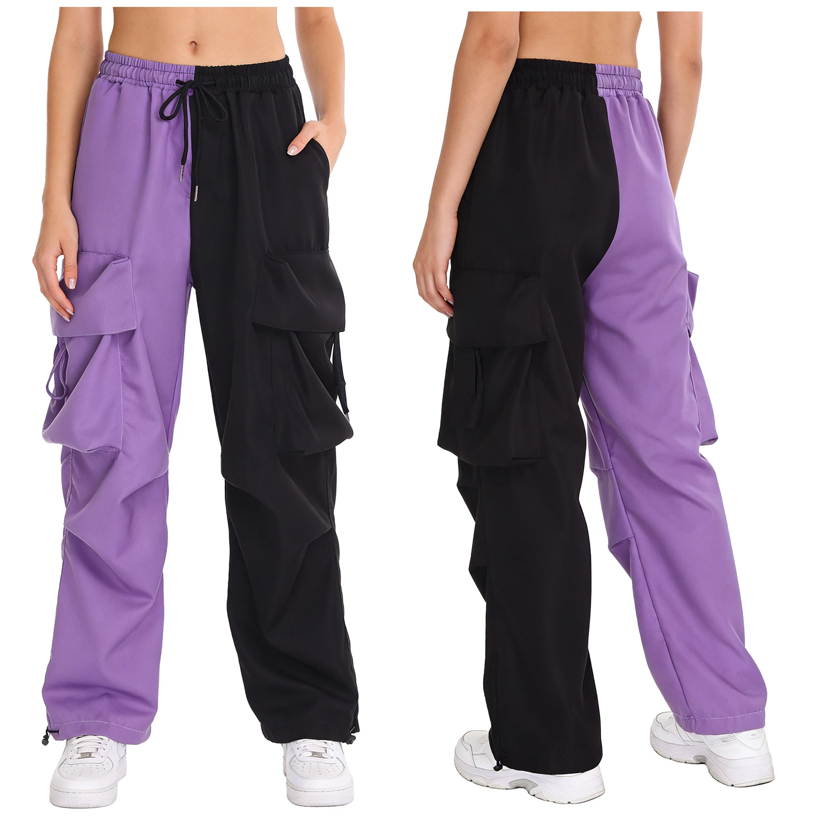 

Women Girl Y2K Color Block Cargo Pants Hip Hop Dance Trousers Elastic Waist Drawstring Multiple Pockets Long Pants Streetwear