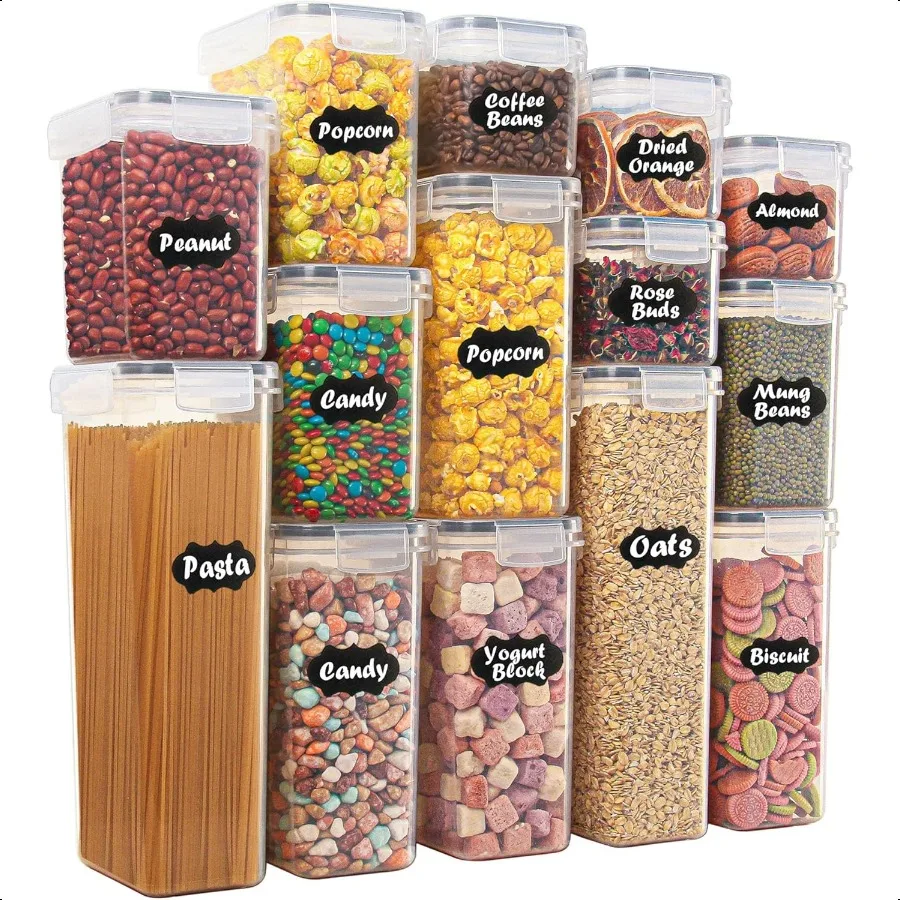 Recipientes herméticos de armazenamento de alimentos com tampas, conjunto de 14 organizadores de despensa de cozinha e armazenamento para cereais, farinha, açúcar, macarrão, lanche