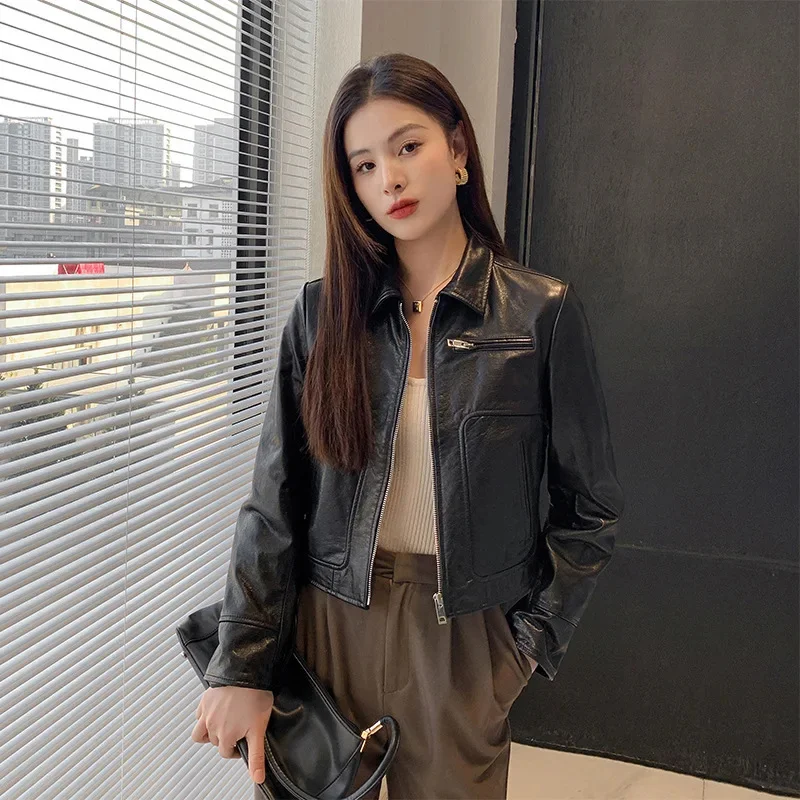 Cowhide Real Motorcycle Jackets for Women Spring Autumn 2024 Trend High-end Vintage High Waist Cropped Genuine Leather Coats