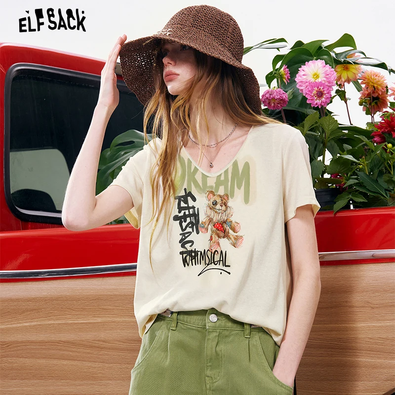 ELFSACK Women's V-Neck Casual T-Shirt with Graffiti Stitch Teddy Bear Graphic Print, Short Sleeve Regular Soft Tee for Summer