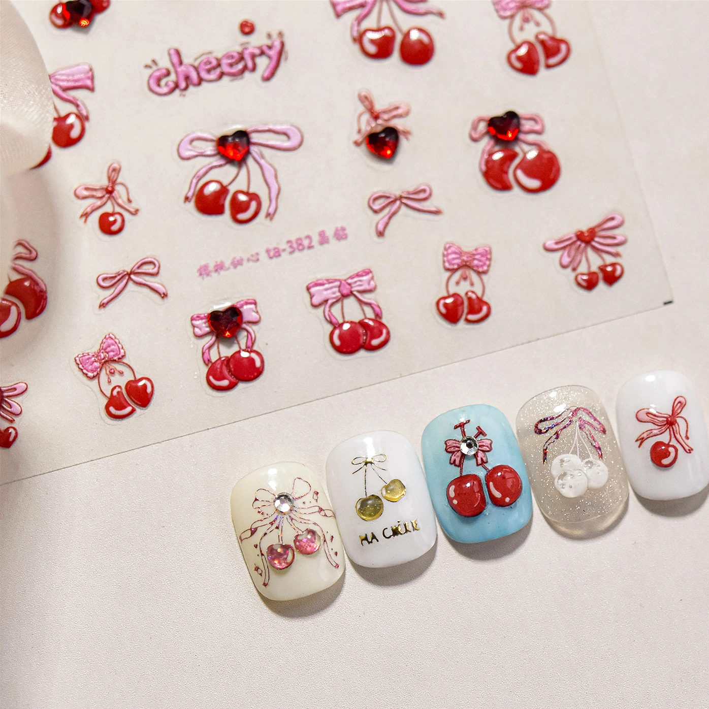 Lovely Red Heart Crystal Cherry Fruit Bowknot Letter Gold Pink Self Adhesive Nail Art Sticker Delicate Rhinestone Manicure Decal