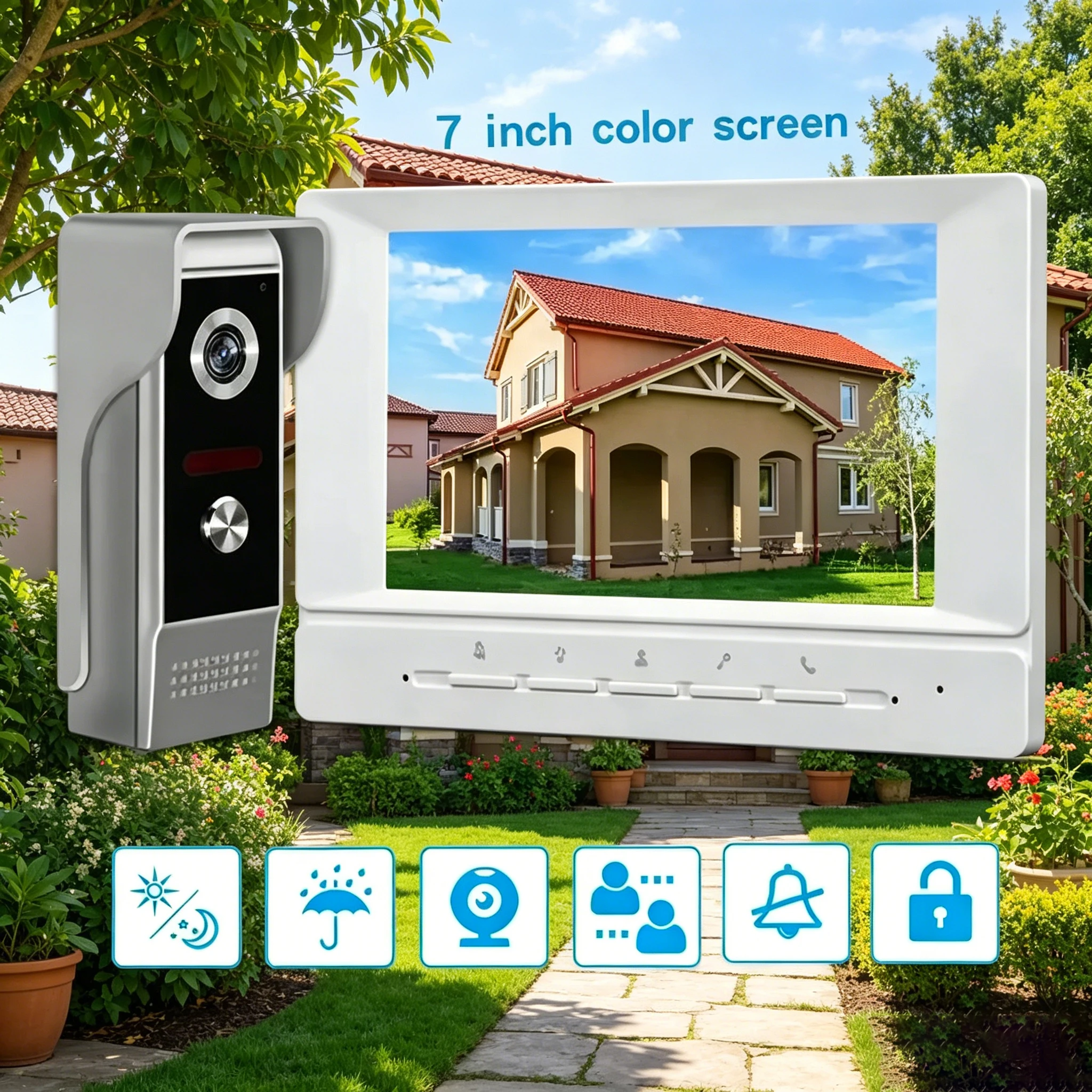 

7 Inch Wired Camera Doorbell, Waterproof Video Intercom with Unlock Function for Home & Apartment Security