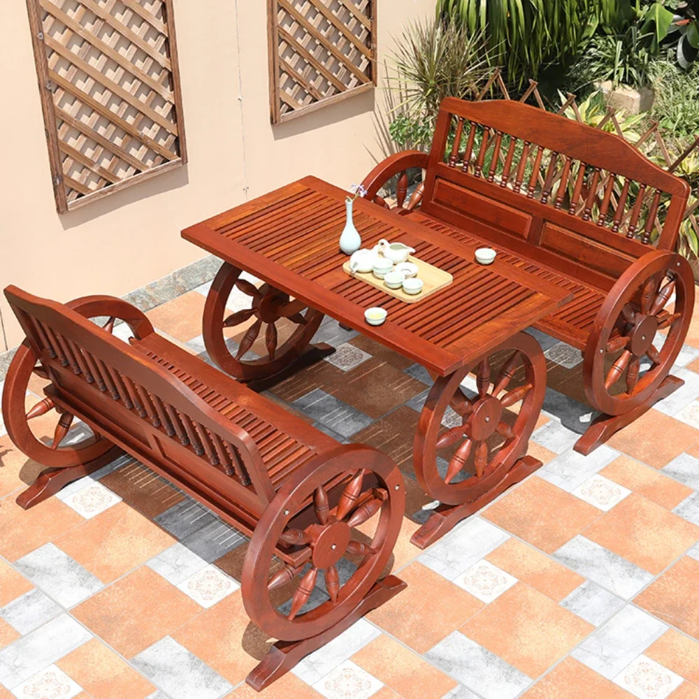 

Leisure Outdoor Terrace Retro Solid Wood Wheel Dining Table and Chair Balcony Three-Piece Set