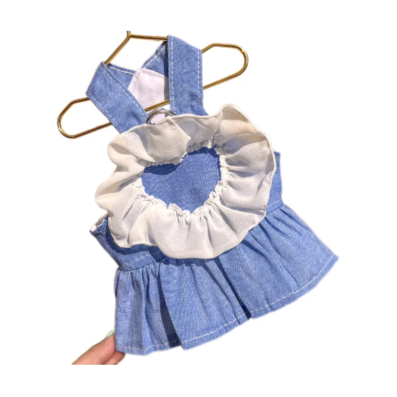 Dog Love Sling Dress with Ruffles Love Lace Dress Spring/Summer Denim Thin Yorkshire Pet Cat Clothing Pet Clothes