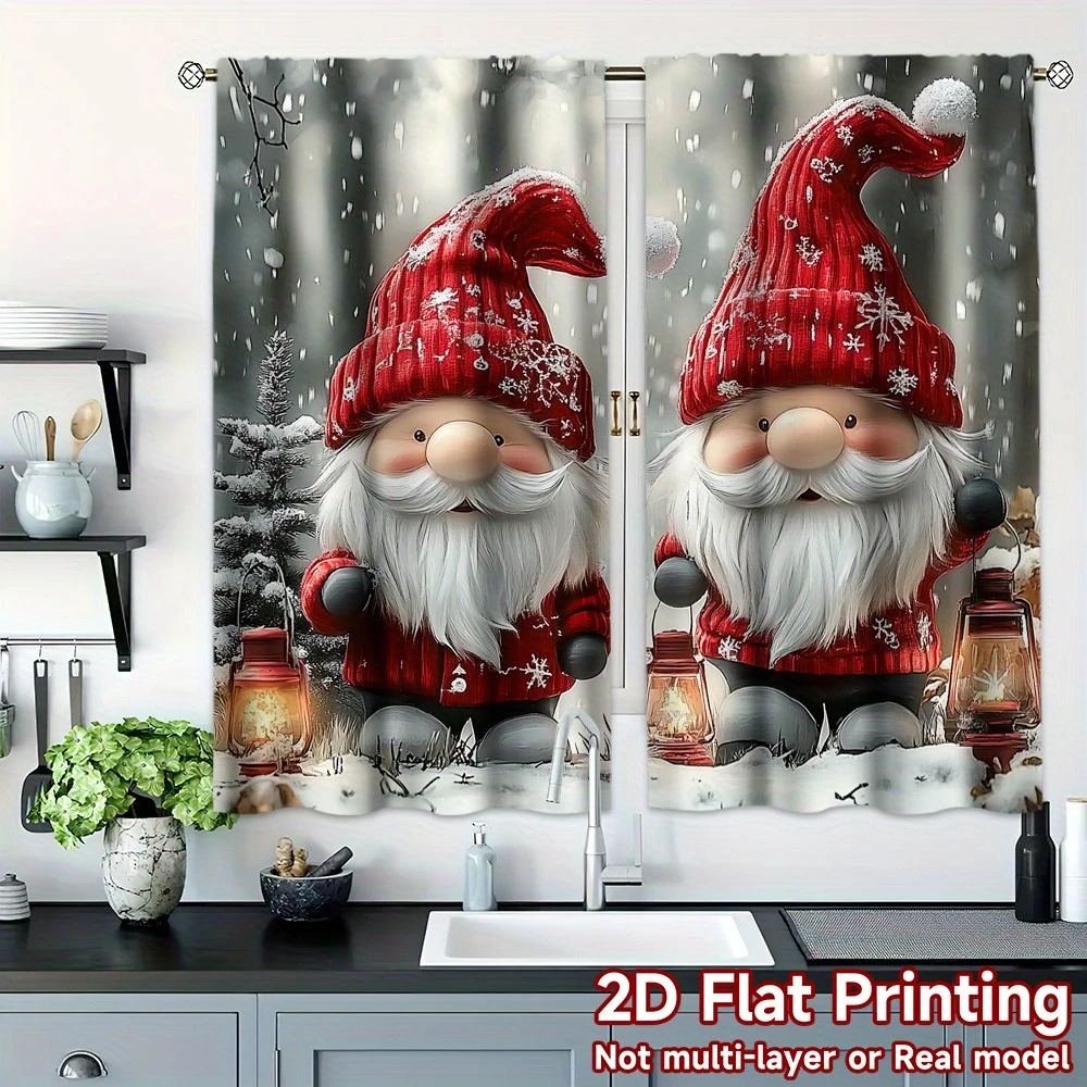 Christmas Gnome Elf Snowy Forest Curtains, Rod Pocket, Polyester, Home Decor, Bedroom Living Room, Holiday Home Decor, Polyester