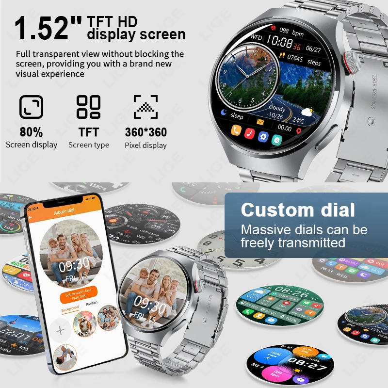 LIGE GT4 Pro Smartwatch para Homens, NFC, Rastreador GPS, Tela AMOLED, Monitor de Saúde, Chamada Bluetooth, Impermeável, SmartWatch para Huawei, Xiaomi