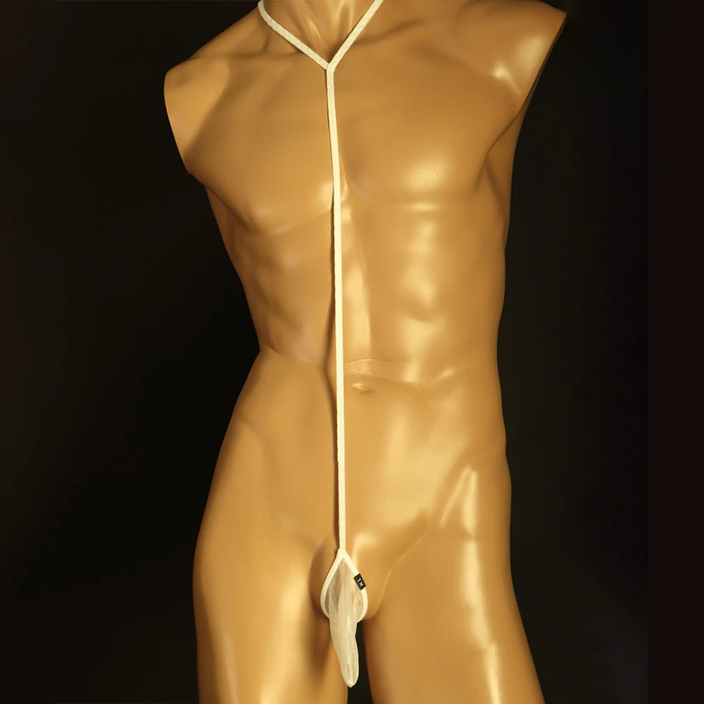 Tangas Mankini eróticas sexis para hombre, bolsa transparente para pene, ropa interior con correa en Tanga, mono con tirantes de malla transparente para hombre Gay