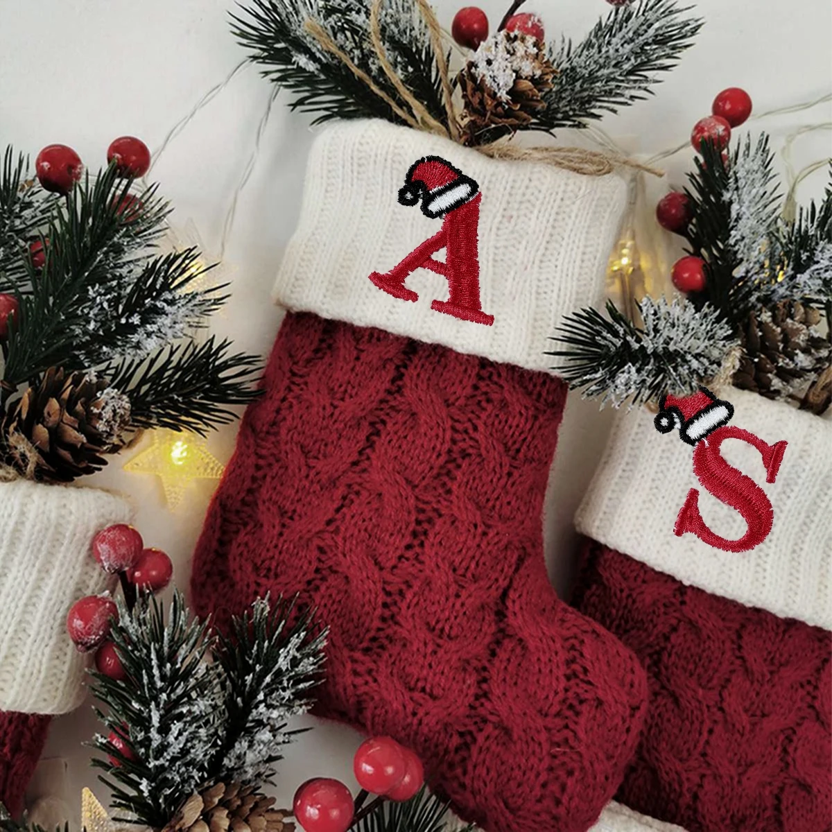 Calcetines navideños con letras para el hogar, medias de punto con colgante de árbol de Navidad, regalo de Navidad, sombrero de Papá Noel, alfabeto,