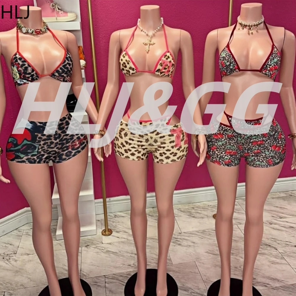 

HLJ Sexy Leopard Print Stitching 3 Piece Sets Women V Neck Spaghetti Strap Backless Crop Top And Shorts Outfits Summer Beachwear