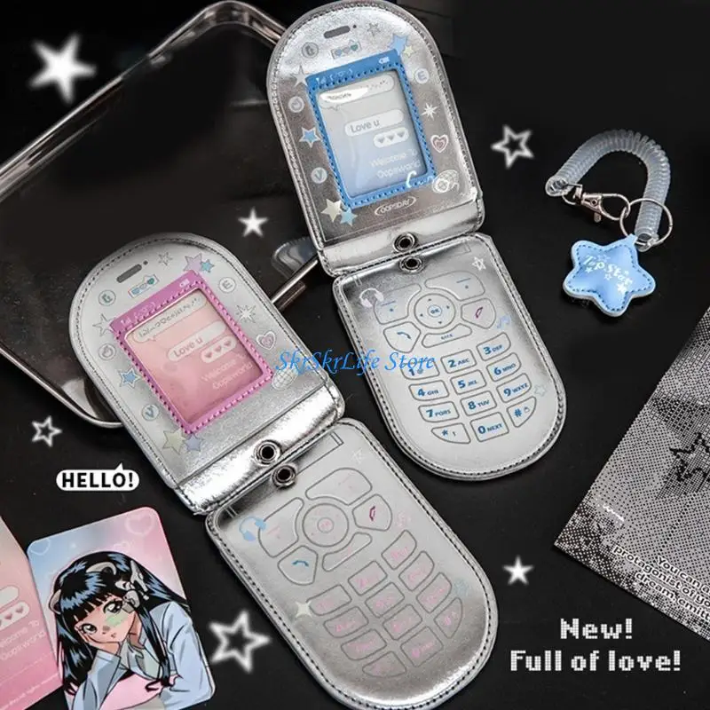 

E65E Phone Shaped Photocard Holder with Retractable Spring Coil Keychain for Student